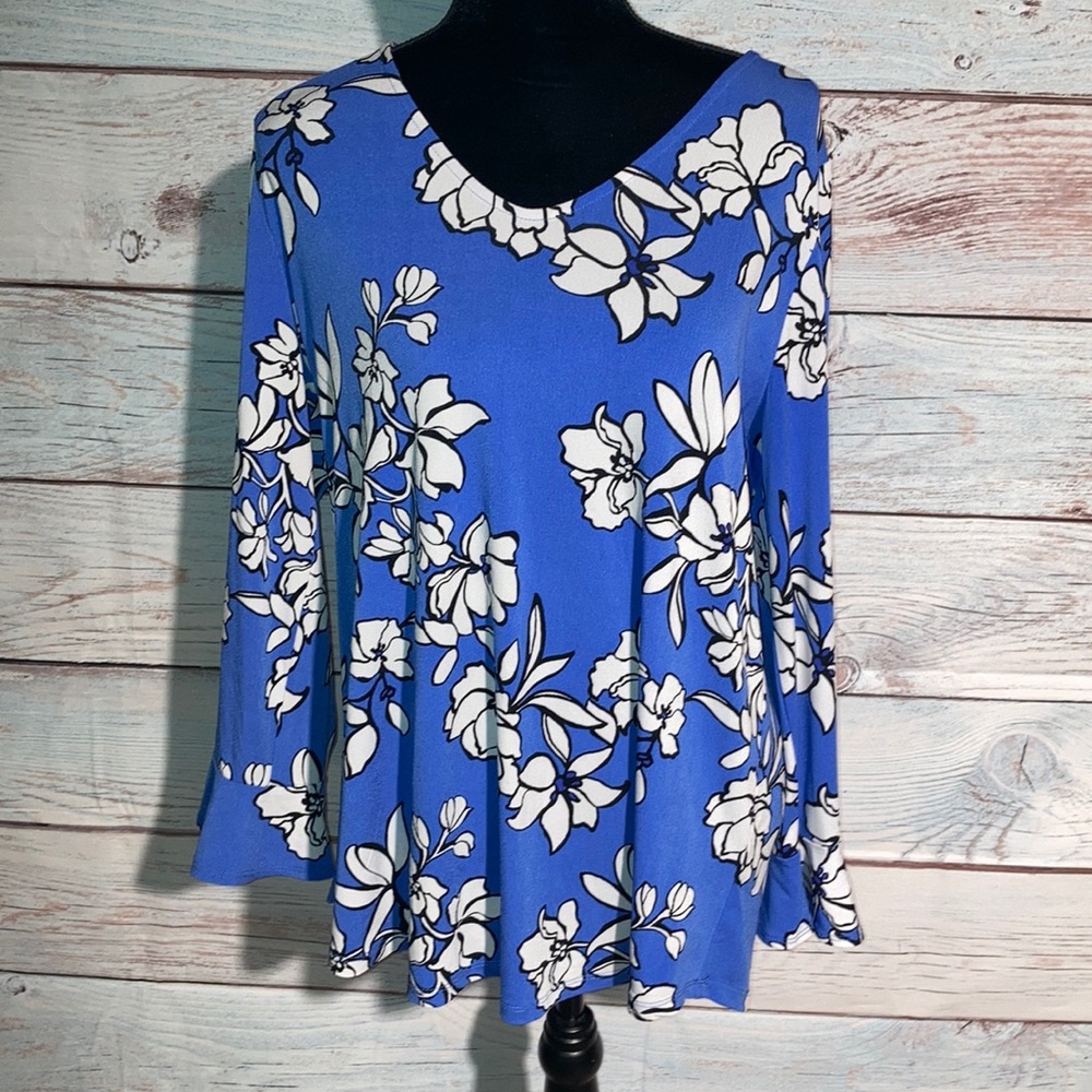 Large V neck blue floral long bell sleeve blouse